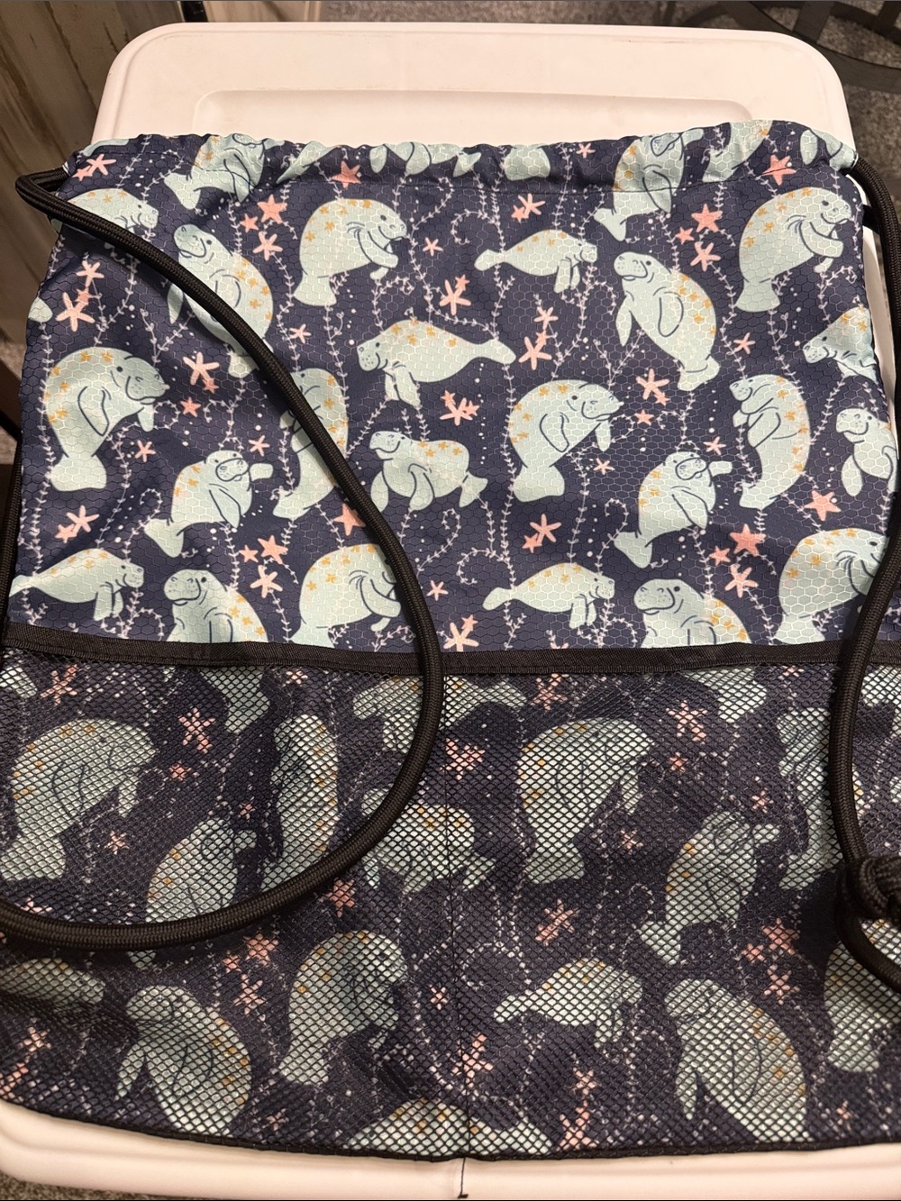 Navy Manatee Drawstring Beach Bag